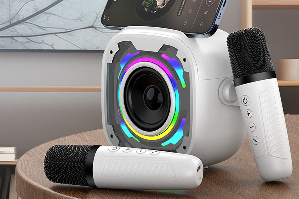 Portable Bluetooth Mini Karaoke Machine Wireless Microphone Adjustable with Colorful Lights-White