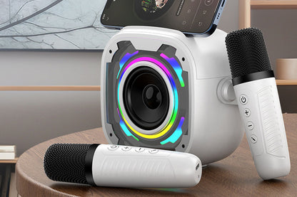 Portable Bluetooth Mini Karaoke Machine Wireless Microphone Adjustable with Colorful Lights-White