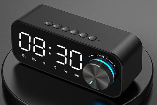 Portable Bluetooth Speaker Alarm Clock with Digital LED Display Smart Mirror Bluetooth Speaker Subwoofer Stereo Mini Clock-Black