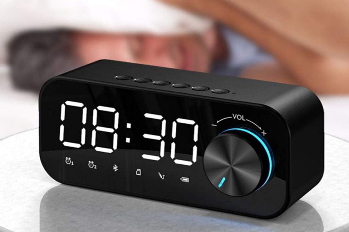 Portable Bluetooth Speaker Alarm Clock with Digital LED Display Smart Mirror Bluetooth Speaker Subwoofer Stereo Mini Clock-Black