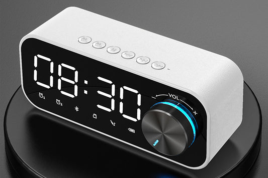 Portable Bluetooth Speaker Alarm Clock with Digital LED Display Smart Mirror Bluetooth Speaker Subwoofer Stereo Mini Clock-White