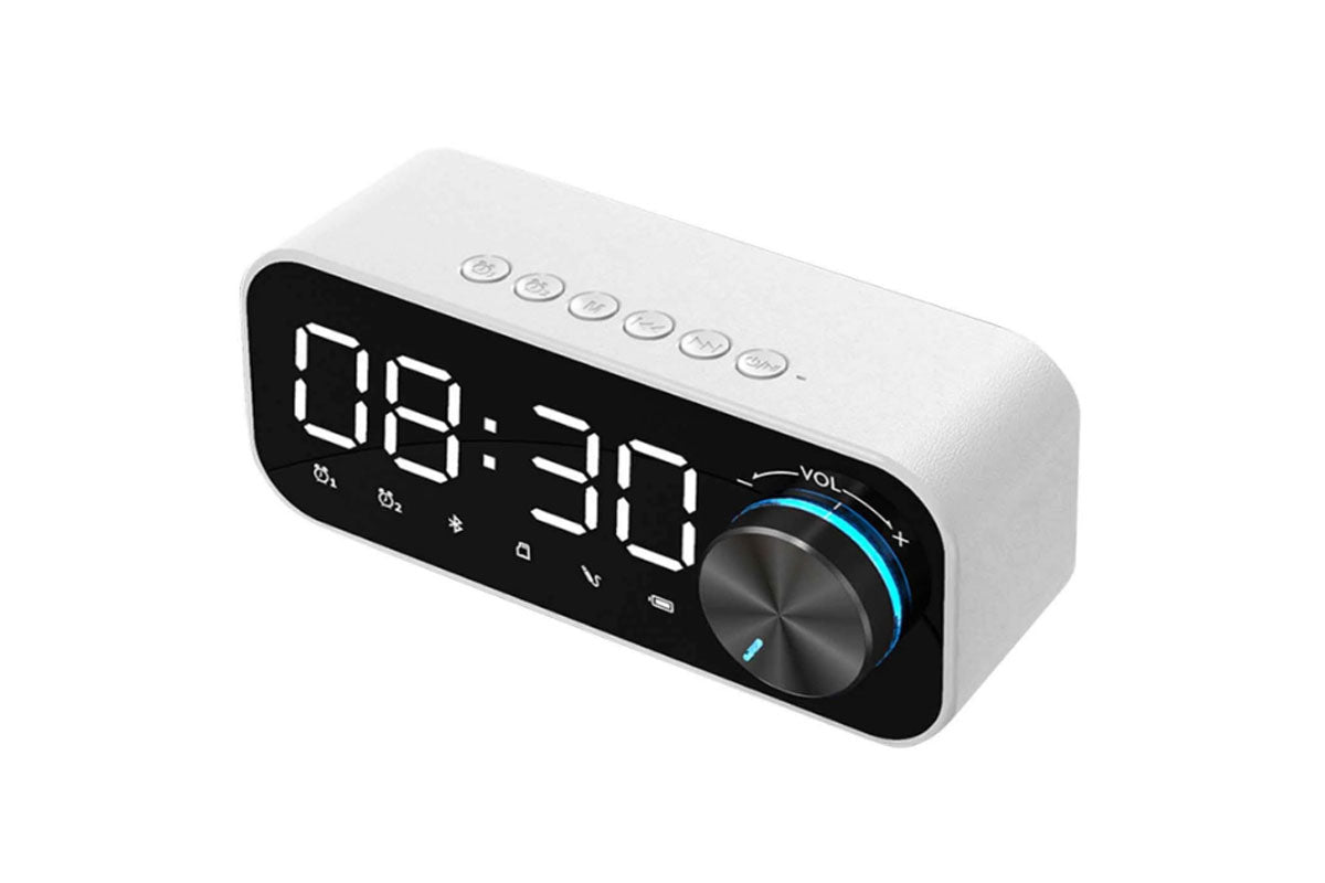 Portable Bluetooth Speaker Alarm Clock with Digital LED Display Smart Mirror Bluetooth Speaker Subwoofer Stereo Mini Clock-White