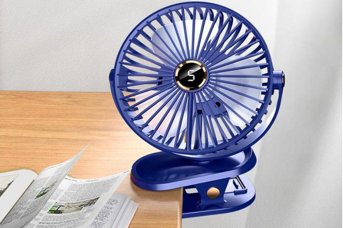 Clip-on Fan with LED Light 5 Speeds Rechargeable Mini USB  Desk Fan-Blue