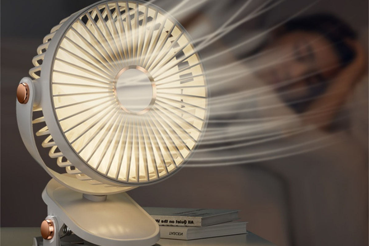 Clip-on Fan with LED Light 5 Speeds Rechargeable Mini USB  Desk Fan-White