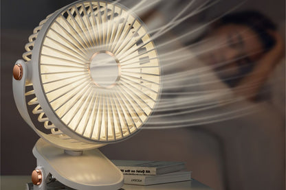 Clip-on Fan with LED Light 5 Speeds Rechargeable Mini USB  Desk Fan-White