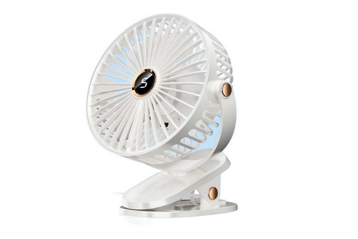 Clip-on Fan with LED Light 5 Speeds Rechargeable Mini USB  Desk Fan-White