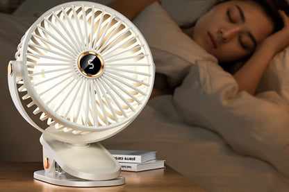 Clip-on Fan with LED Light 5 Speeds Rechargeable Mini USB  Desk Fan-White