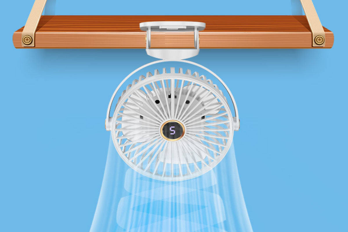 Clip-on Fan with LED Light 5 Speeds Rechargeable Mini USB  Desk Fan-White