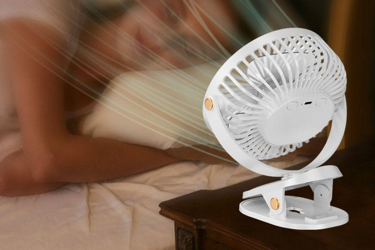 Clip-on Fan with LED Light 5 Speeds Rechargeable Mini USB  Desk Fan-White