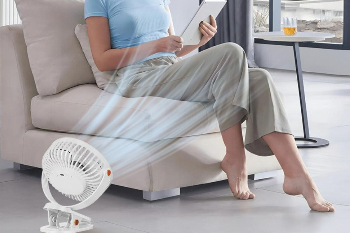 Clip-on Fan with LED Light 5 Speeds Rechargeable Mini USB  Desk Fan-White