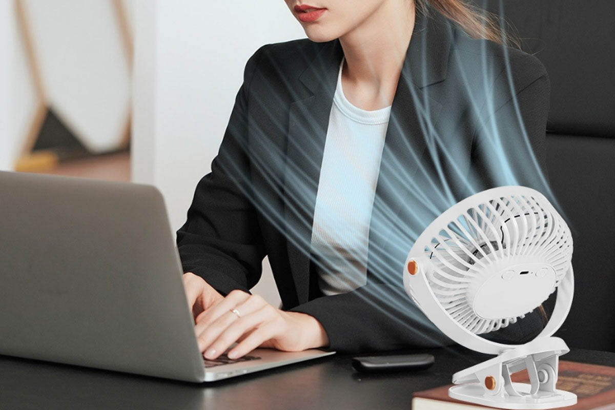 Clip-on Fan with LED Light 5 Speeds Rechargeable Mini USB  Desk Fan-White