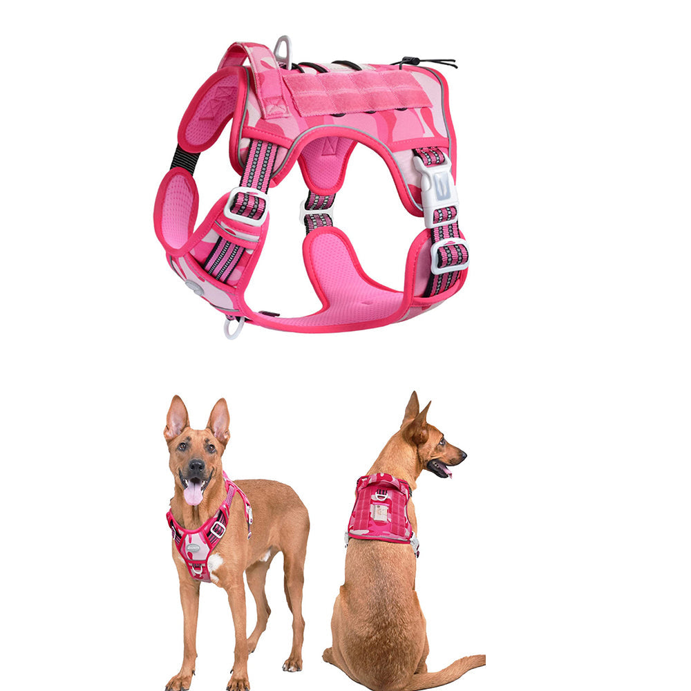 Tactical Dog Harness with Reflective Pet No Pull Adjustable Military Vest for Walking Training Pink