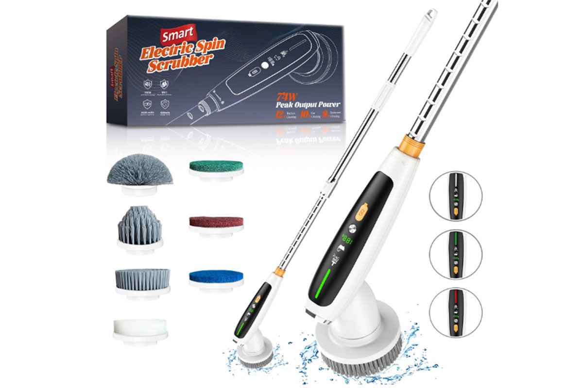 Electric Spin Scrubber Scrubbing Brush with 7 Replaceable Heads and Adjustable Extendable Pole for Bathroom