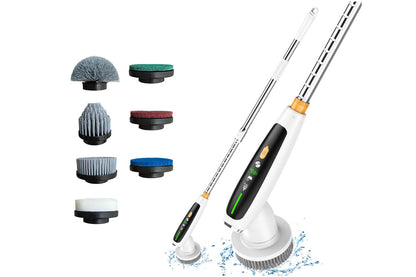 Electric Spin Scrubber Scrubbing Brush with 7 Replaceable Heads and Adjustable Extendable Pole for Bathroom