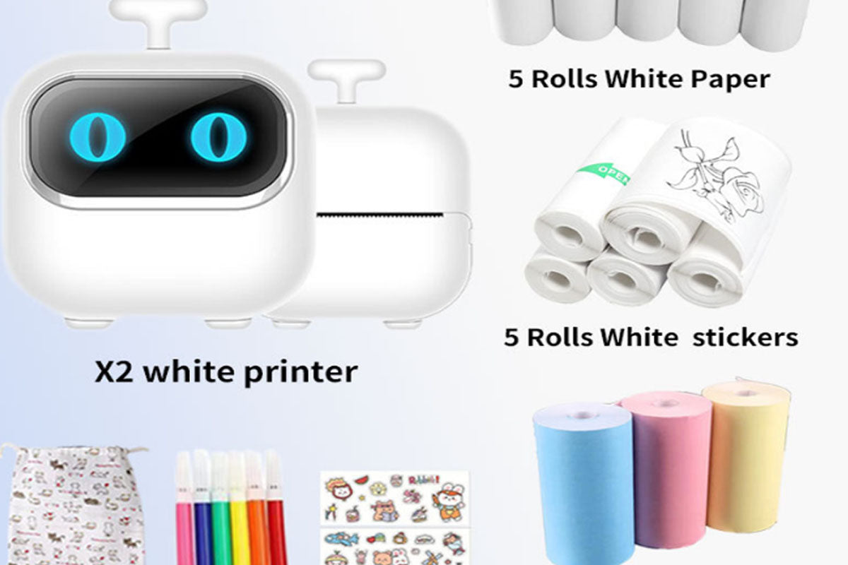 Thermal Mini Printer Kit Inkless Sticker Maker with Thermal Papers Sticker-White