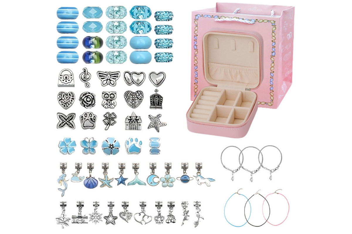 66Pcs Charm Bracelet Making Kit Unicorns Beads Jewelry Girls Arts Crafts Gifts Set-Blue