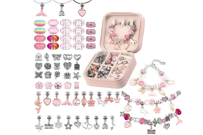 66Pcs Charm Bracelet Making Kit Unicorns Beads Jewelry Girls Arts Crafts Gifts Set-Pink