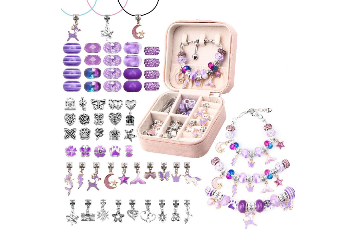 66Pcs Charm Bracelet Making Kit Unicorns Beads Jewelry Girls Arts Crafts Gifts Set-Purple
