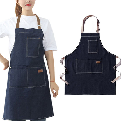 Adjustable Denim Apron with 3 Pockets Unisex Jean Apron for Work Kitchen Cooking Blue