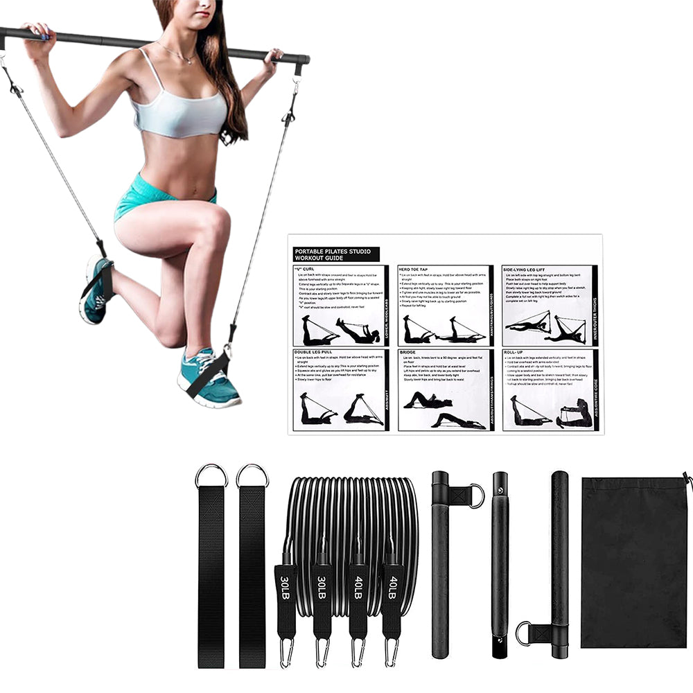 Multifunctional Pilates Bar Kit with Resistance Bands Portable Home Gym Core Strength Training Exercise Accessories Black