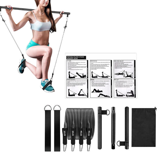 Multifunctional Pilates Bar Kit with Resistance Bands Portable Home Gym Core Strength Training Exercise Accessories Black