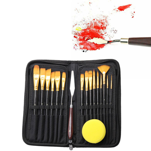 15Pcs Set Artist Paint Brushes with Sponge Brush for Watercolour Oil Painting Black