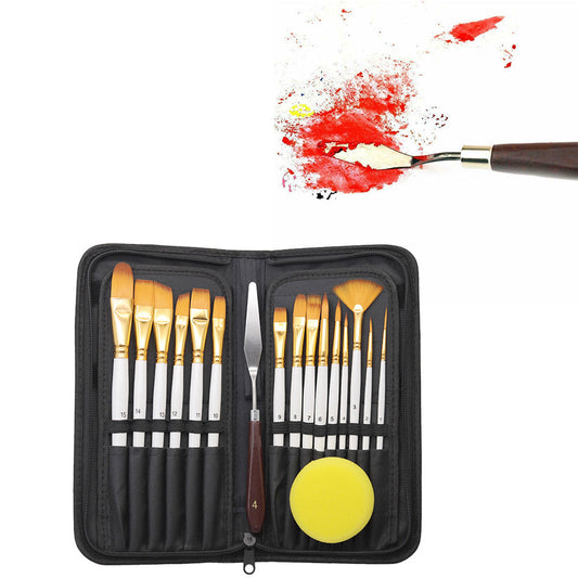 15Pcs Set Artist Paint Brushes with Sponge Brush for Watercolour Oil Painting White