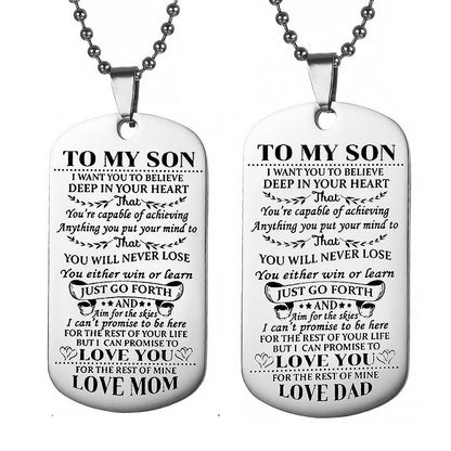 2Pcs Dad Mom to Son Inspirational Message Pendant Necklace Dog Tag Necklace