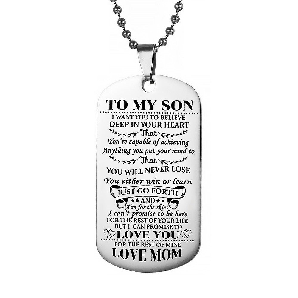 2Pcs Dad Mom to Son Inspirational Message Pendant Necklace Dog Tag Necklace