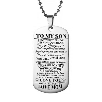 2Pcs Dad Mom to Son Inspirational Message Pendant Necklace Dog Tag Necklace