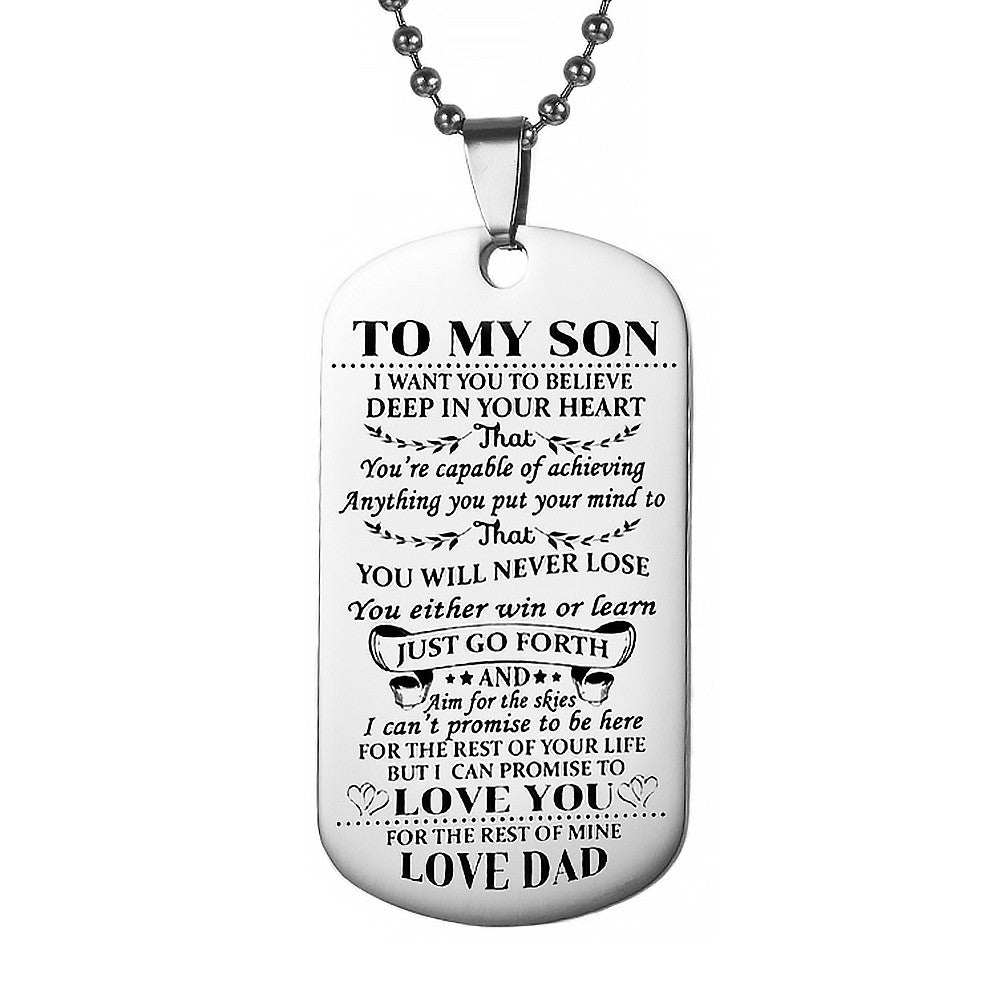 2Pcs Dad Mom to Son Inspirational Message Pendant Necklace Dog Tag Necklace