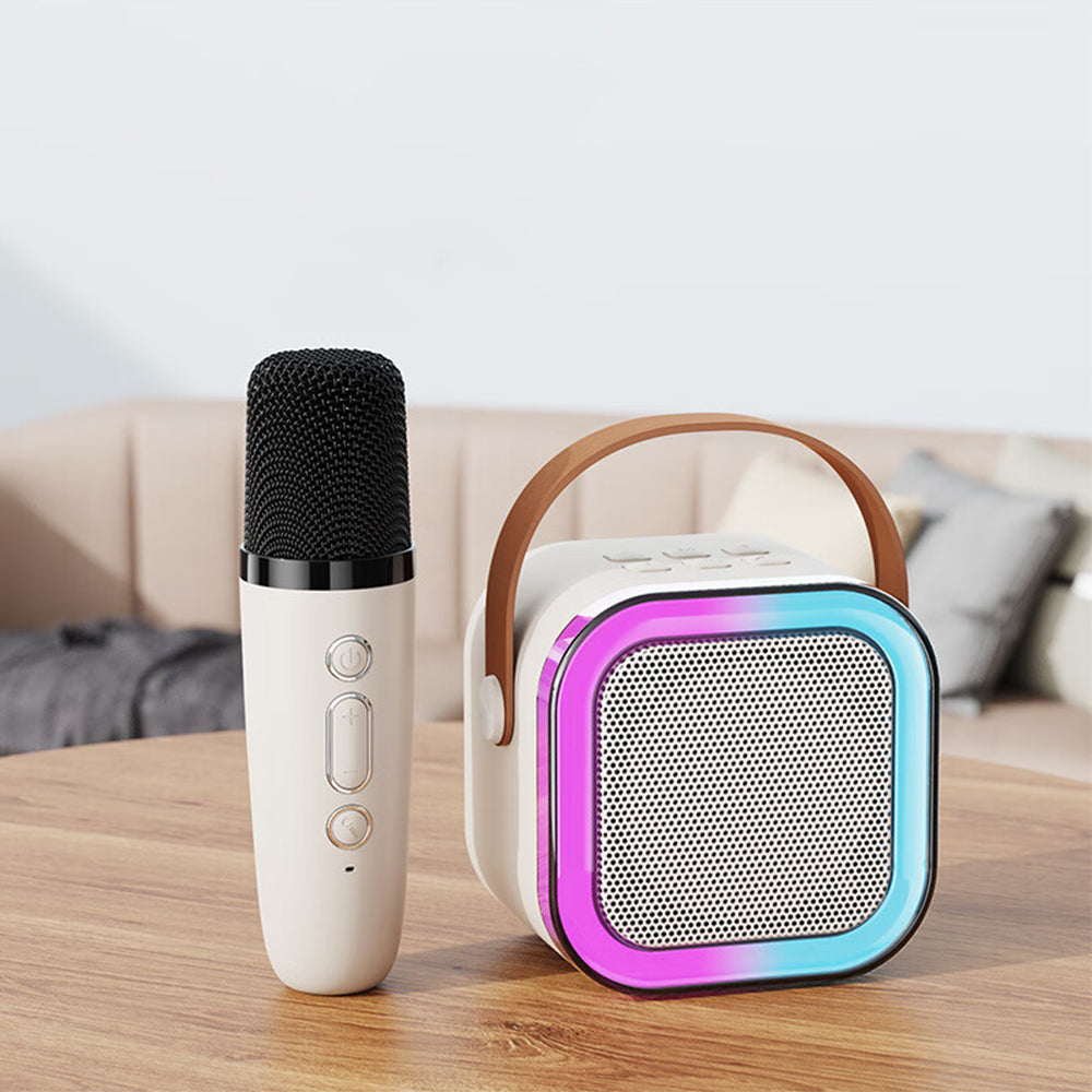 Portable Bluetooth Karaoke Machine with 2 Microphones LED Dynamic Light Bluetooth Speaker Beige