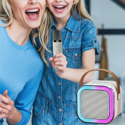 Portable Bluetooth Karaoke Machine with 2 Microphones Colorful LED Dynamic Light Bluetooth Speaker Beige