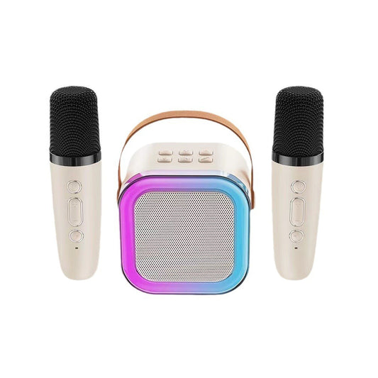 Portable Bluetooth Karaoke Machine with 2 Microphones Colorful LED Dynamic Light Bluetooth Speaker Beige