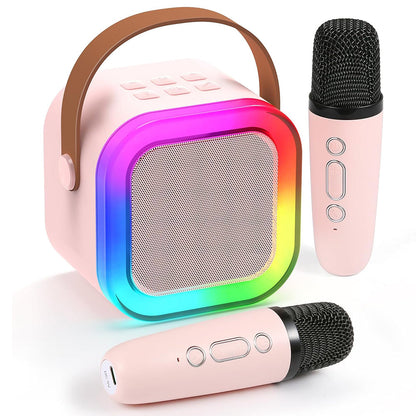 Portable Bluetooth Karaoke Machine with 2 Microphones Colorful LED Dynamic Light Bluetooth Speaker Pink