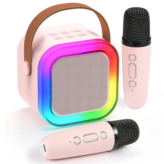 Portable Bluetooth Karaoke Machine with 2 Microphones Colorful LED Dynamic Light Bluetooth Speaker Pink