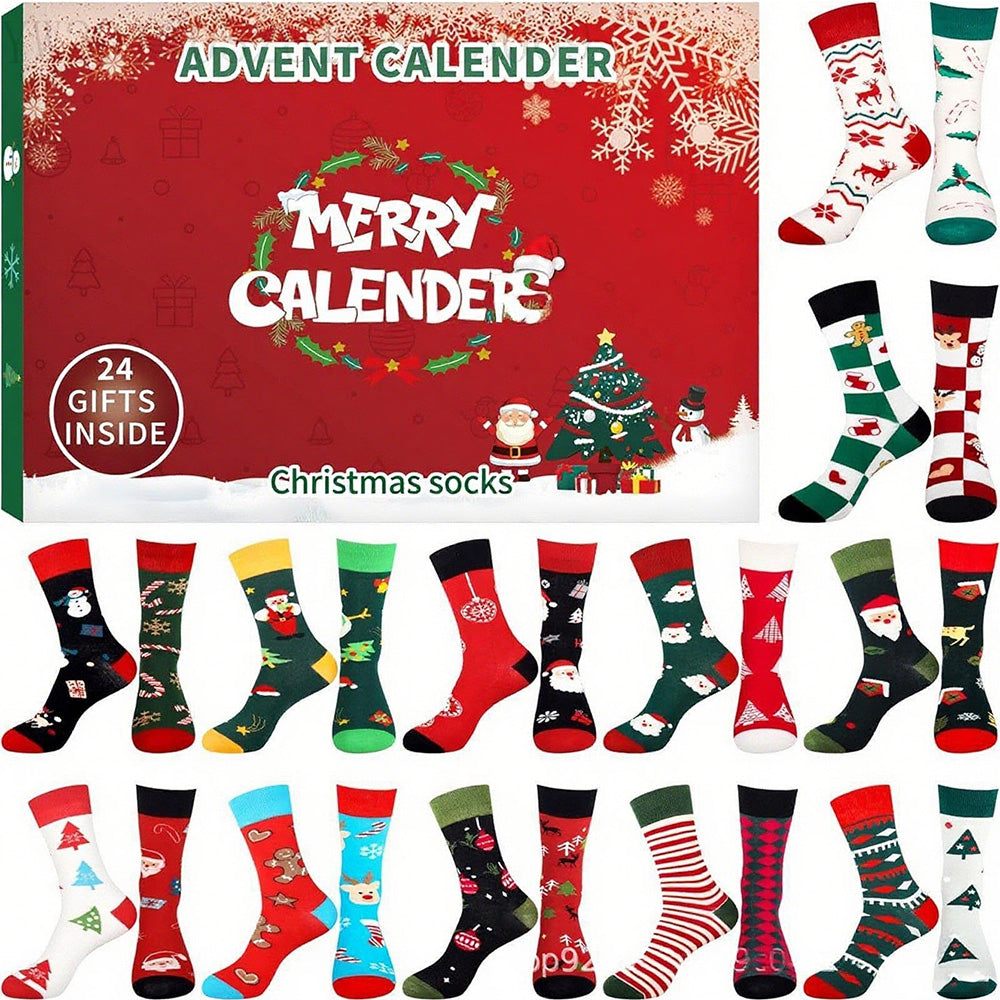 Unisex 12 Pairs 24-Day Christmas Socks Countdown Calendar - Style 2
