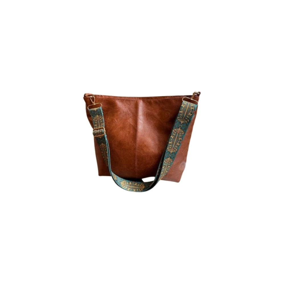 PU Leather High-Capacity Shoulder Sling Bag with Simple Adjustable Wide Strap-Brown