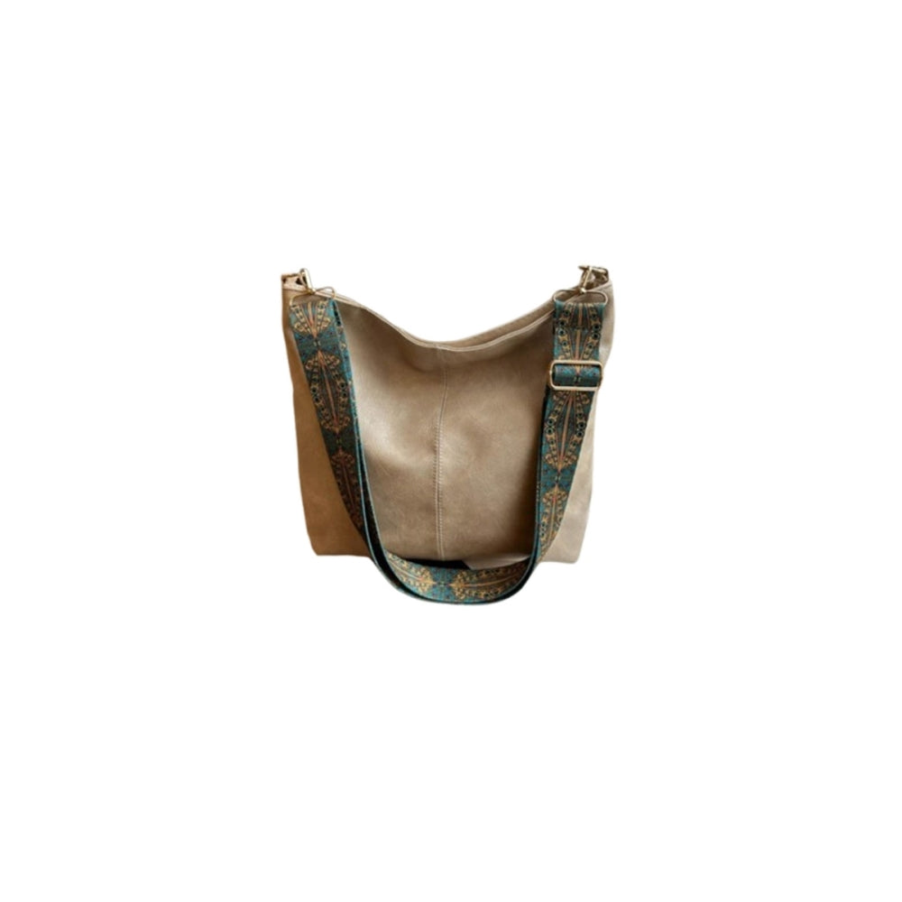 PU Leather High-Capacity Shoulder Sling Bag with Simple Adjustable Wide Strap-Khaki