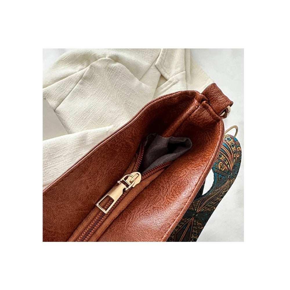 PU Leather High-Capacity Shoulder Sling Bag with Simple Adjustable Wide Strap-Brown