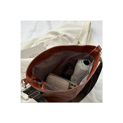 PU Leather High-Capacity Shoulder Sling Bag with Simple Adjustable Wide Strap-Brown