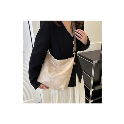 PU Leather High-Capacity Shoulder Sling Bag with Simple Adjustable Wide Strap-Khaki