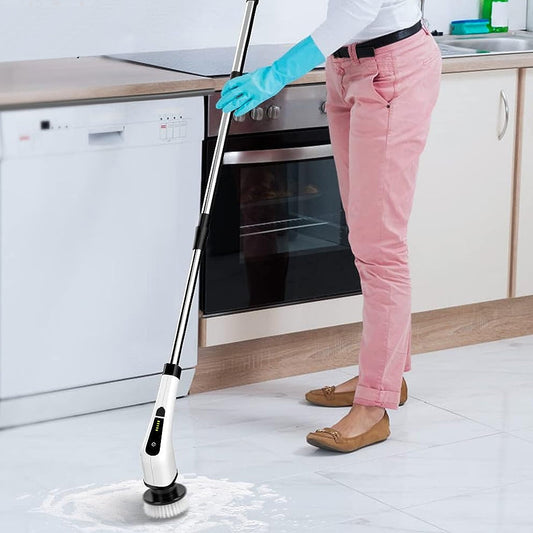 Electric Multifunctional Scrubber with 9 Replaceable Brush Heads and Adjustable Extension Handle White