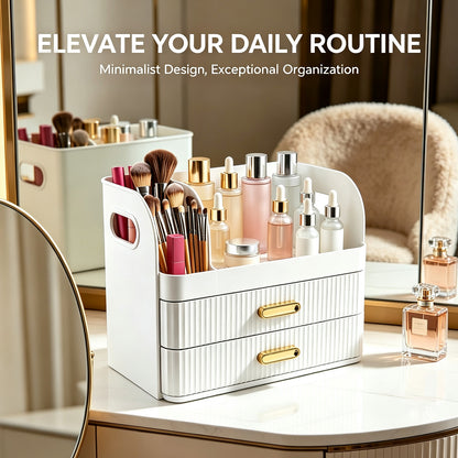 Makeup Organiser with 2 Drawers Cosmetic Storage Box Multi-Section Makeup Skincare Storage Box White