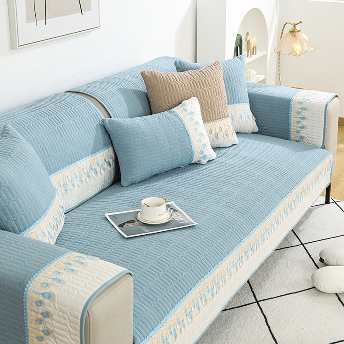 Quilted Sectional Couch Covers Non-Slip Sofa Slipcover -Blue