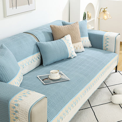 Quilted Sectional Couch Covers Non-Slip Sofa Slipcover -Blue
