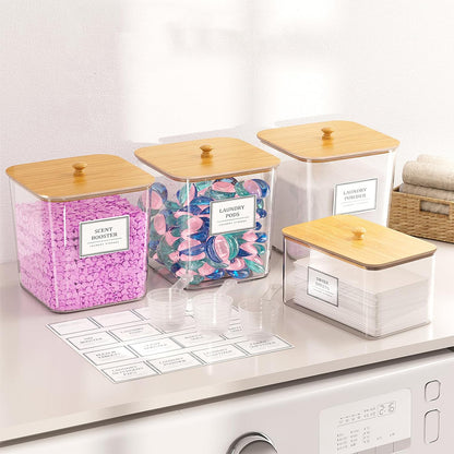 4Pcs Clear Laundry Storage Containers with Airtight Wooden Lids-Khaki