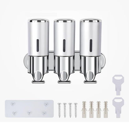 3-Chamber Shower Soap Dispenser Wall-Mounted Shampoo and Conditioner Dispenser with Visible Window Silver