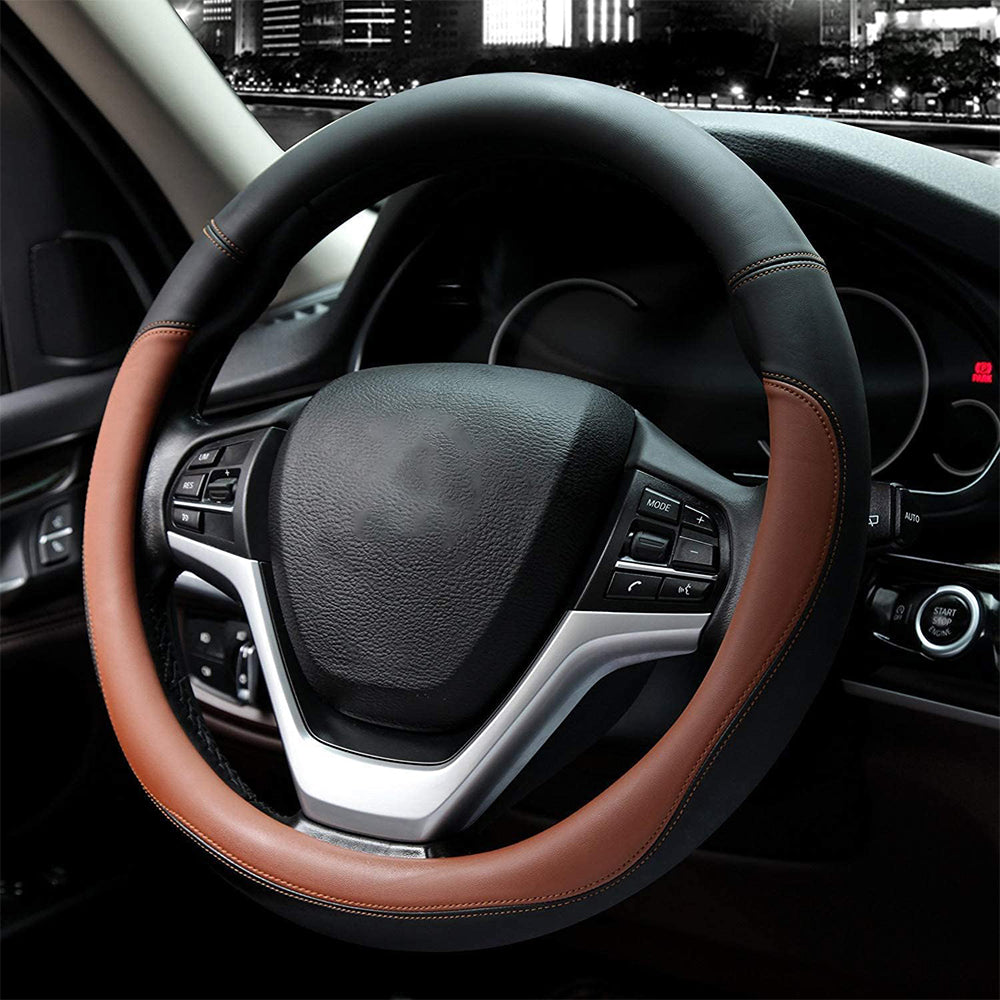 37-38cm Microfiber Leather Steering Wheel Cover-Coffee