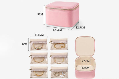Travel Jewelry Case Small Jewelry Box with 6 Transparent Zipper Pockets-Pink